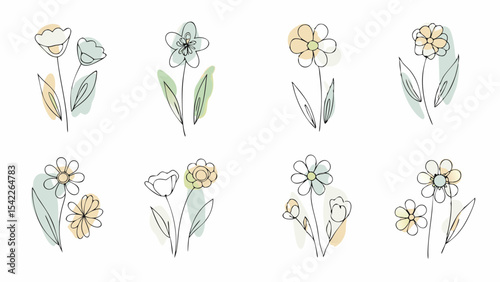 Collection of eight line art flower drawings with watercolor accents on a white background design element