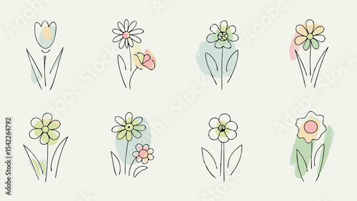 Watercolor floral doodles featuring a variety of flowers with delicate stems and leaves arranged in a row
