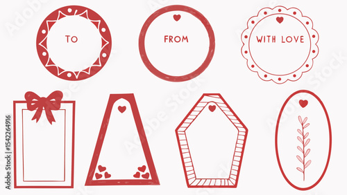 Illustration of a collection of red gift tags with different shapes and decorative elements on a white background