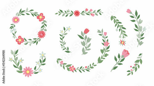 Collection of floral wreaths and decorative elements with pink and white flowers and green leaves design