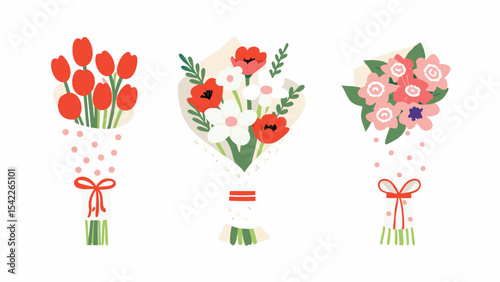 Illustration of three bouquets of flowers with different colors and wrapping styles shown on white