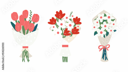 Three bouquets of flowers with different arrangements and colors wrapped in decorative paper ties