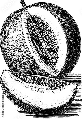 Vintage melon half in engraving style for retro design and aesthetic appeal