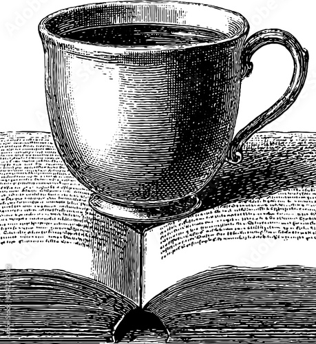 Vintage engraving of a tea cup and open book with scroll border design