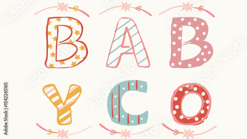 Babyco text art with colorful patterned letters and star decorations for nursery or baby shower themes