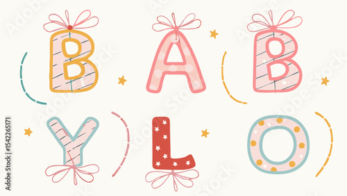 Babylo text with decorative bows and stars in pastel colors on a white background design element