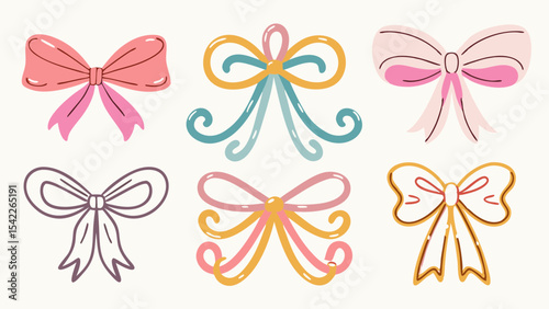 Collection of six decorative bows in various pastel colors and styles on a white background