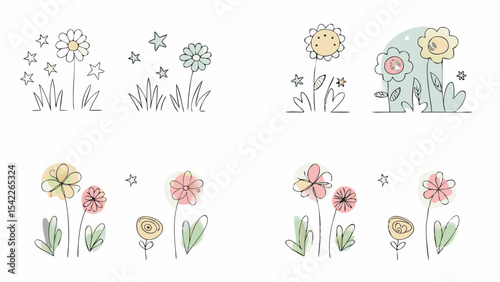 Illustration of four garden scenes with flowers grass and stars in a whimsical hand drawn style design art