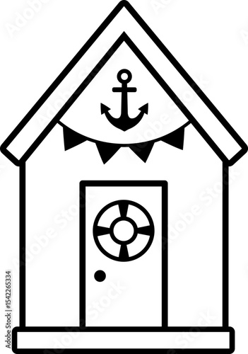 Beach wooden house black line icon.
Beach Hut Cabana black thick outline vector design isolated.
Transparent background.SVG file.
