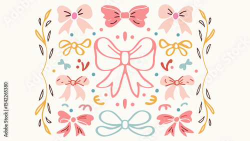 Arrangement of pink and yellow bows with floral accents on a white background surface design layout