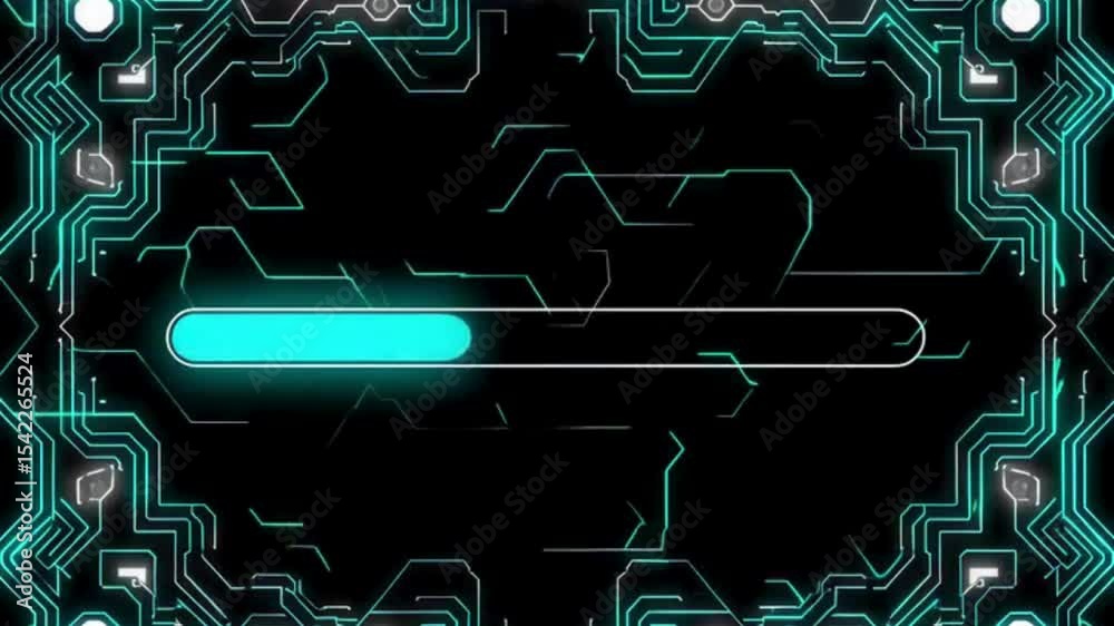 futuristic loading screen video with a glowing 'LOADING' text in bold, capital letters at the top. The background should be black, with intricate geometric lines and digital elements framing the scree