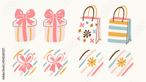Illustration featuring gift boxes with bows and shopping bags with floral patterns in pastel colors