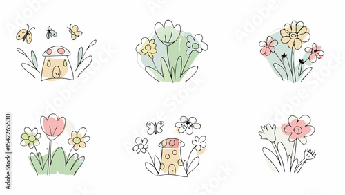 Illustration featuring six different floral and mushroom house arrangements in a whimsical style art work