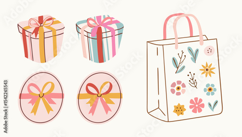 Illustration of two gift boxes, two round gift tags, and a gift bag decorated with flowers and leaves