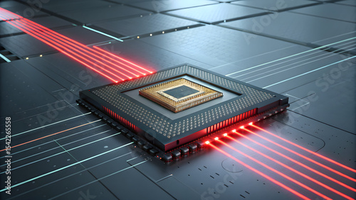 3D Photonic Processor Core | Laser-Red Optical Computing Module | Terahertz Glow Light Channels | Cleanroom Tech Background | Waveguide Circuitry
