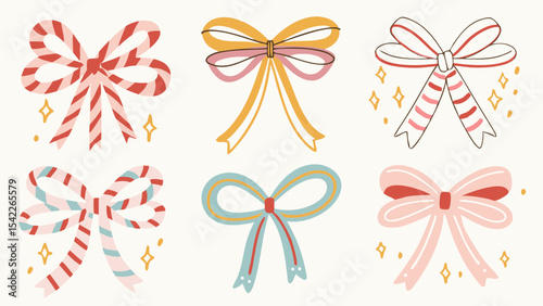 Illustration of six decorative bows with different colors and patterns on a white background surface