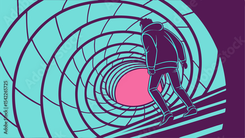 Person in hoodie walking into a vortex with teal and purple spirals and pink center, stylized view