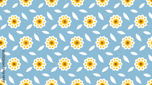 Repeating pattern of white flowers with yellow centers and white leaves on a blue background design