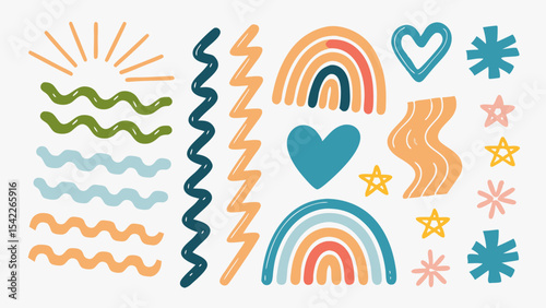 Illustration of whimsical shapes including rainbows, waves, hearts, stars and zigzags in various colors