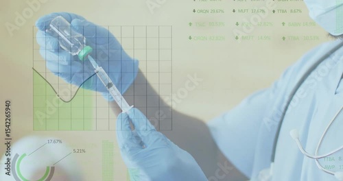 Medical clinician drawing fluid from vial upon syringe entry while tracking data for dose accuracy