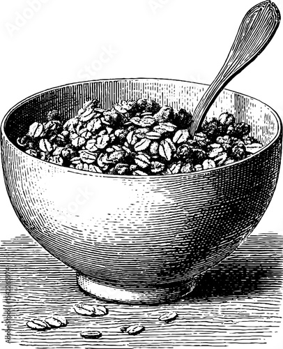 Vintage engraving style oat flakes in bowl with spoon for rustic kitchen decor