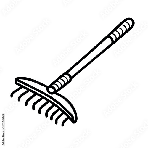 A garden rake with a wooden handle and metal prongs. The tool is designed for leveling soil and gathering leaves in outdoor spaces.