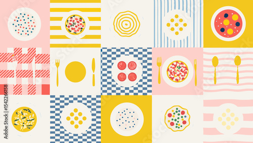 Aesthetic collage of plates with food and cutlery on patterned backgrounds in pastel colors and bright yellow