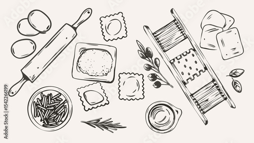 Illustration of pasta making tools with ravioli dough and rolling pin in a sketch style drawing art