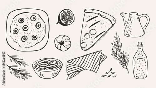 Illustration of pizza, lemon, tomato, pasta, cloth, herbs, oil, and a pitcher in black and white