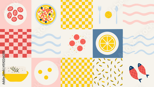 A colorful collage of food items and patterns featuring plates, fish, and checkered backgrounds design