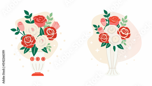 Two vases filled with roses and greenery with a cream background and a white background design
