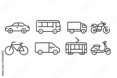 Line Transport Icons. Line style icons of land transport: car, bus, truck, motorcycle. bicycle, van, tram, scooter.