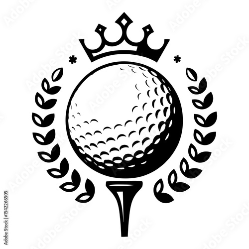 Golf ball vector logo. Golf ball on tee with wreath and crown. Vector illustration