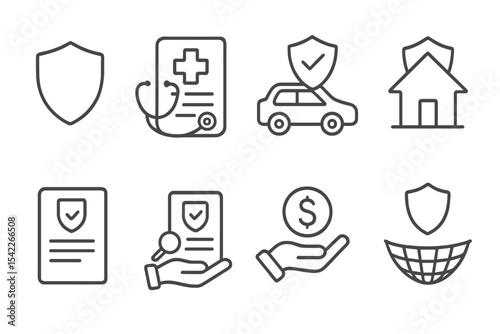 Insurance Icon Set. Line style icons of insurance: shield icon, health insurance, car insurance, home cover. insurance policy,