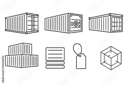 Shipping Container Icons. Line style icons of shipping containers: 20ft container, 40ft container, reefer container, open-top