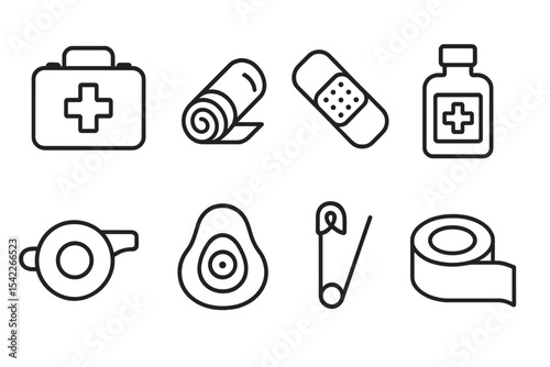 First Aid Essentials. Line style icons of first aid: first aid kit, bandage roll, adhesive plaster, antiseptic bottle. emergency