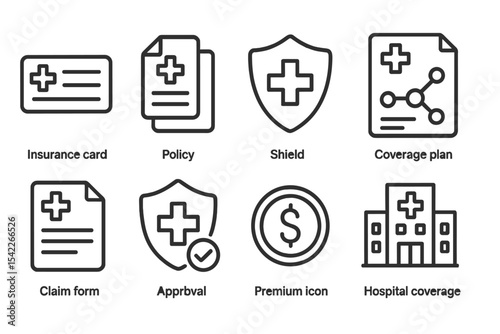 Health Insurance Icons. Line style icons of health insurance: insurance card, policy folder, shield icon, coverage plan. claim