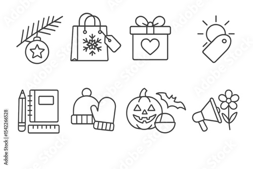 Seasonal Shopping Icons. Line style icons of seasonal shopping: holiday decor, Christmas sale, Valentine gift, summer sale. school