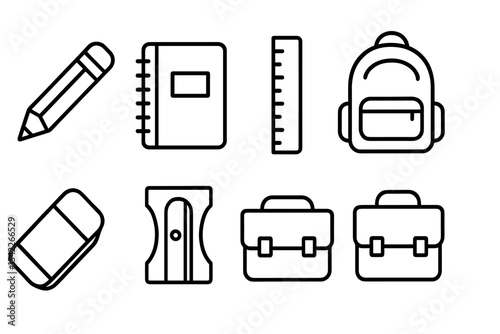 School Supply Icons. Line style icons of school supplies: pencil, notebook, ruler, backpack. eraser, sharpener, school bag, glue