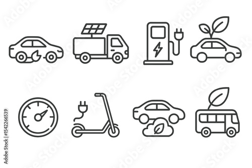 Eco Transport Icons. Line style icons of energy-efficient transport: EV car, solar truck, charging station, hybrid car. fuel
