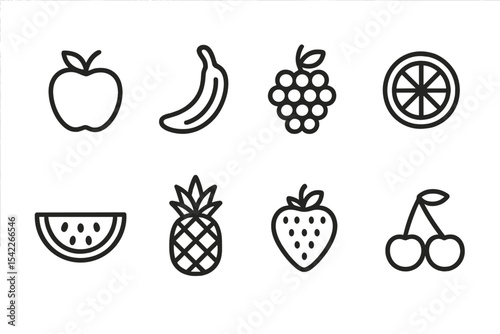 Fruit Line Icons. Line style icons of fruits: apple, banana, grapes, orange. watermelon, pineapple, strawberry, cherry.
