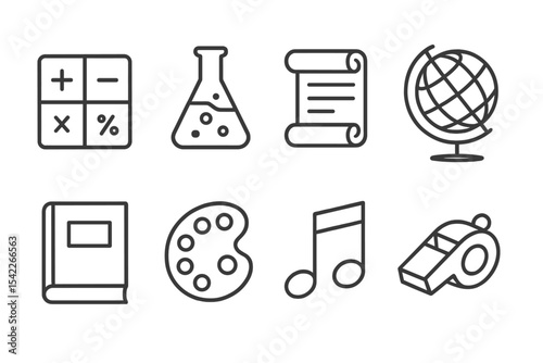 Academic Subject Icons. Line style icons of academic subjects: math icon, science beaker, history scroll, geography globe.
