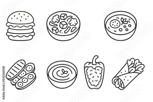 Vegetarian Meal Icons. Line style icons of vegetarian meals: veggie burger, tofu stir-fry, lentil soup, quinoa salad. grilled