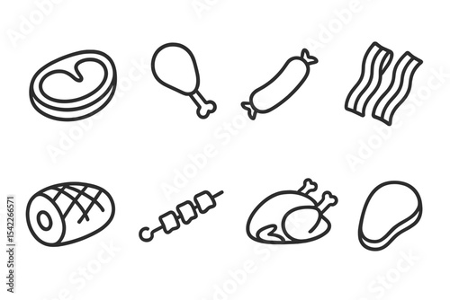 Meat Line Icons. Line style icons of meat and poultry: steak, chicken leg, sausage, bacon. roast beef, meat skewer, turkey, pork