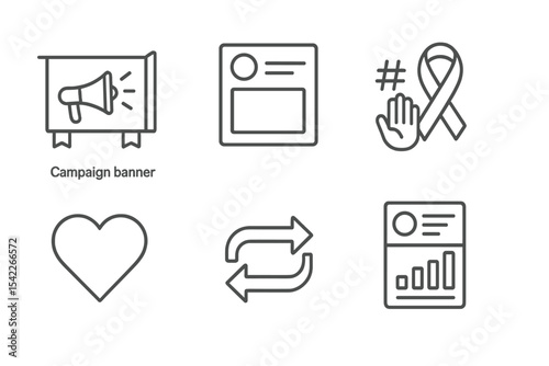 Social Campaign Icons. Line style icons of social campaigns: campaign banner, social media post, hashtag share, awareness icon.