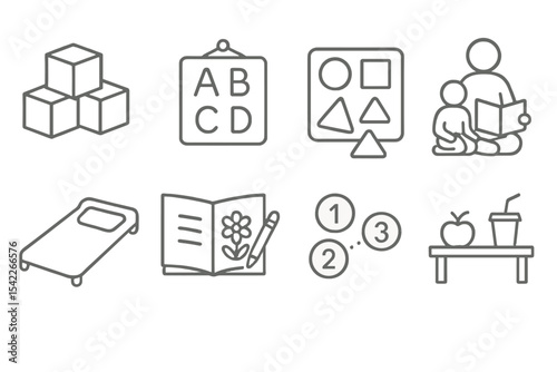 Preschool Learning Icons. Line style icons of preschool learning: building blocks, alphabet chart, shape puzzle, story time. nap