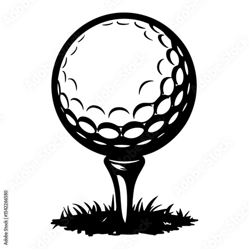 Black and white outline of a golf ball on a tee with grass on a white background