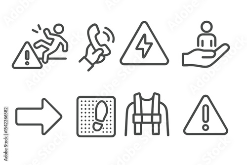 Rehab Safety Icons. Line style icons of rehab safety: fall alert, emergency call, hazard icon, supervision hand. clear path, floor