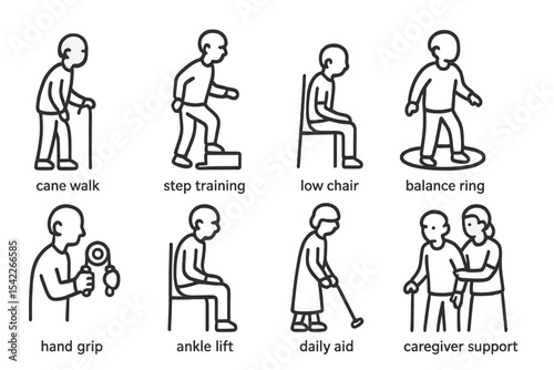 Elderly Rehab Icons. Line style icons of elderly rehab: cane walk, step training, low chair, balance ring. hand grip, ankle lift,