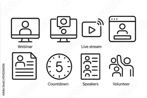 Event Icon Set. Line style icons of event organization: webinar event, online training, live stream icon, registration page.